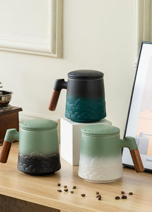 ZENS Tea Mug with Infuser and Lid for Loose Leaf Steeper, 16.9 oz Embossed Ceramic Tea Cup with Fine Tea Strainers, Wood Handle Large Tea Diffusers Mugs for Tea Lovers Gifts