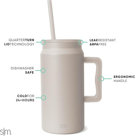 Simple Modern 50 oz Mug Tumbler with Handle and Straw Lid | Reusable Insulated Stainless Steel Large Travel Jug Water Bottle | Gifts for Women Men Him Her | Trek Collection | Almond Birch