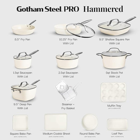 GOTHAM STEEL Hammered 20Pcs Ceramic Cookware Set Nonstick, Induction Pots and Pans Set Non Stick with Deep Fry Pan, Steamer, and Bakeware, Non Toxic PFOA PFOS Free, Oven & Dishwasher Safe