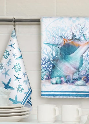 Boyiee Set of 6 Beach Kitchen Towels Coastal Ocean Dish Towels Sea Nautical Tea Towels Absorbent 24 x 16 Inches Shell Coral Starfish Hand Towels Summer Gifts for Farmhouse Kitchen Bathroom Decorations