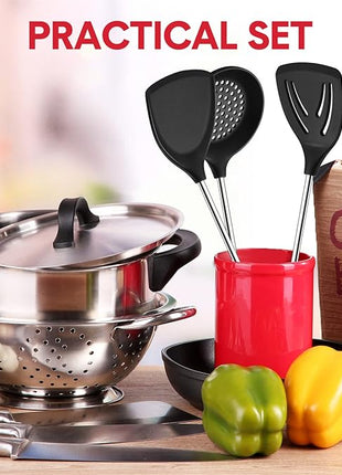 3 Pieces Silicone Stainless Steel Turner Spatula Set Includes Flexible Silicone Wok Spatula Slotted Spatula Skimmer Slotted Spoon for Nonstick Cookware Cooking Baking Supplies