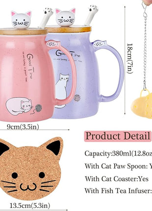BigNoseDeer 2Pcs Kawaii Cat Mug Cute Tea Cup with Infuser Ceramic Coffee Mugs Cute Cool Preppy Stuff Gifts for Women Birthday Gifts for Cat lovers13oz