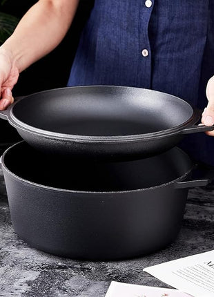 Bruntmor Pre-Seasoned Cast Iron Double Dutch Oven with Skillet Lid - 7 Quart All-in-One Casserole and Braising Pan - Heavy Duty and Oven Safe Black Cookware for Versatile Cooking - 14.7 x 6.9 Inches