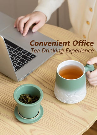 ZENS Tea Mug with Infuser and Lid for Loose Leaf Steeper, 16.9 oz Embossed Ceramic Tea Cup with Fine Tea Strainers, Wood Handle Large Tea Diffusers Mugs for Tea Lovers Gifts