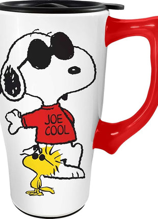 Spoontiques - Ceramic Travel Coffee Mug with Lid and Handle - Spill Proof Lid - Double Walled Mug for Hot and Cold Beverages - Microwave and Dishwasher Safe - Snoopy