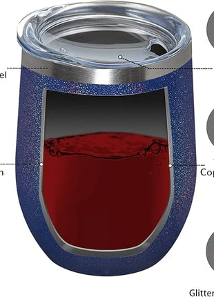 MEWAY 12oz/12 Pack Wine Tumbler Glasses with Lid - Stemless Double Wall Vacuum Stainless Steel Glitter Tumbler - Keeping Cold & Hot Cup for Coffee,for Women(Rainbow Navy,Set of 12)