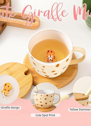 Giraffe Mug Cute Coffee Mug with 3D Animal Inside Ceramic Tea Cup with Lid Spoon Cool Animal Stuff Unique Friendship Birthday Gifts for Women Men Friend Coworkers Sister Kids Giraffe Christmas Gifts