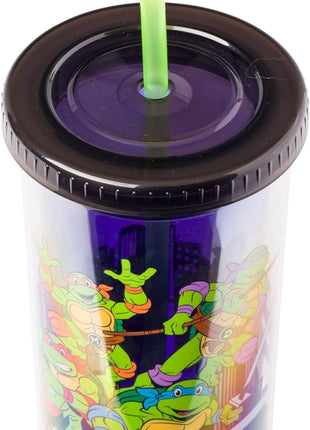 Silver Buffalo Teenage Mutant Ninja Turtles TMNT Featuring Leonardo, Raphael, Donatello, and Michelangelo Plastic Tall Cold Cup with Lid and Straw, 20 Ounces