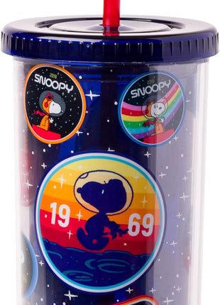 Silver Buffalo Peanuts Space Traveling Patches Featuing Snoopy Plastic Tall Cold Cup with Lid and Straw, 20 Ounces