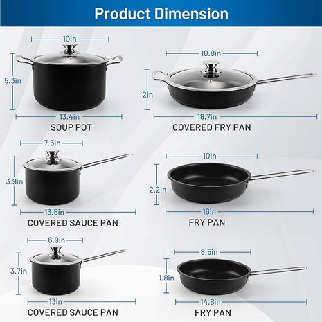 Stainless Steel pots and pans set, 10 Piece Nonstick Kitchen Induction Cookware Set,Works with Induction/Electric and Gas Cooktops, Nonstick, Dishwasher, Black