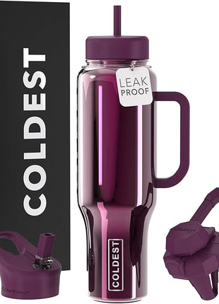 Coldest Tumbler with Handle and Straw, 100% Spill Proof Tumbler with Straw (3 Lids), Stainless Steel Insulated Leakproof Tumblers for Women Men, Cup Holder Friendly, 46 oz (Purple Lantern Reflections)