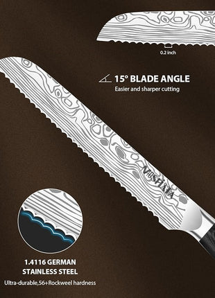 MOSFiATA Bread Knife 8” Ultra Sharp Serrated Knife, German High Carbon Stainless Steel EN1.4116 Bread Slicer with Bread Lame, Micarta Handle, For Bread, Cake, Bagels