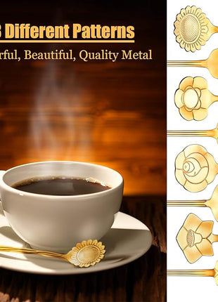 Chengu 8 Pieces Flower Coffee Tea Spoons Stainless Steel Sugar Spoons Tea Party Flower Fancy Tableware Set Stir Bar Creative Stirring Teaspoon, 8 Different Patterns(Gold)