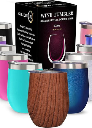CHILLOUT LIFE 12 oz Stainless Steel Wine Tumbler with Lid - Double Wall Vacuum Insulated Wine Cup Glass Keeping Cold & Hot for Coffee, Champagne, Cocktails, Ice Cream - Wood