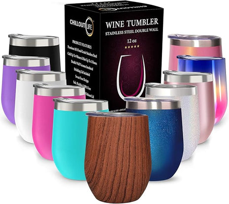 CHILLOUT LIFE 12 oz Stainless Steel Wine Tumbler with Lid - Double Wall Vacuum Insulated Wine Cup Glass Keeping Cold & Hot for Coffee, Champagne, Cocktails, Ice Cream - Wood