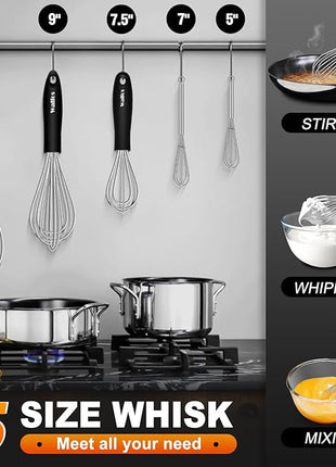 Stainless Steel Whisk Set with 7"+5" Mini whisks, Walfos Heavy Duty Whisks, Kitchen wisk (7+9+11in) Premium for Whisking, Blending, Beating, Frothing & Stirring.