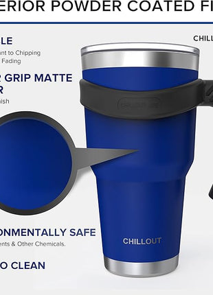 CHILLOUT LIFE Stainless Steel Travel Mug with Handle 30 oz – 6 Piece Set. Tumbler with Handle, Straw, Cleaning Brush & 2 Lids. Double Wall Insulated Large Coffee Mug Bundle (Navy Blue)