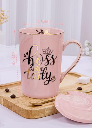 Biching Boss Lady Gifts for Women - Unique Birthday Gift for Women, Friend, Coworkers, Colleagues, Boss Female - Appreciation Mothers Day Gifts - 14Oz Marble Ceramic Coffee Mug Pink