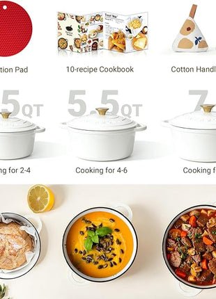 Overmont Enameled Cast Iron Dutch Oven - 5.5QT Pot with Lid Cookbook & Cotton Potholders - Heavy-Duty Cookware for Braising, Stews, Roasting, Bread Baking Pearl White
