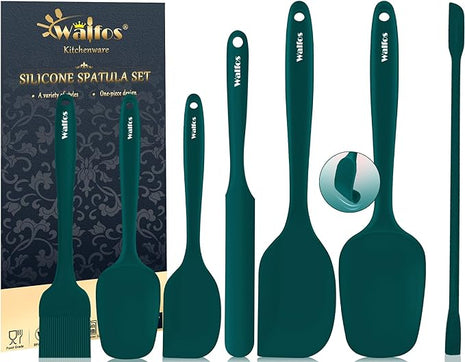 Walfos Silicone Spatula Set of 7 - (600°F) High Heat Resistant Dark Green Kitchen Scraper Spatulas, One-Pieces Seamless Design, Perfect for Cooking Mixing & Baking - BPA Free and Dishwasher Safe