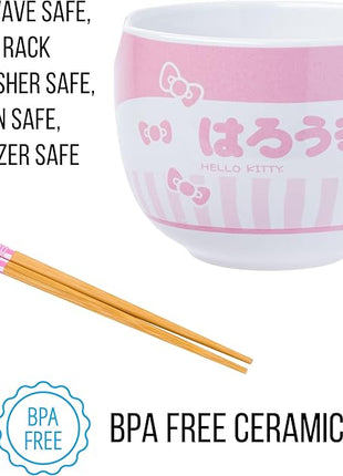 Silver Buffalo Sanrio Hello Kitty Pink Stripes Ceramic Ramen Bowl with Chopsticks, 20 Ounces