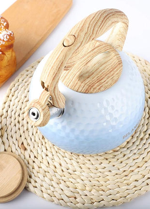 BELANKO 2.7 Quart Tea Kettle for Stovetop - Food Grade Stainless Steel with Diamond Texture, Designer Teapot Look, Cool-Touch Wood Pattern Handle, Whistling Spout - Gradient Blue