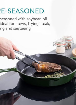 Navaris Enameled Cast Iron Skillet - 12" Frying Pan with Enamel Coated Finish - 12 inch Kitchen Cookware Fry Griddle for Stove Top and Oven - Green