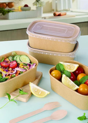 50 Sets 25oz Disposable Kraft Paper Bowls with Lids, Rectangle Paper Food Containers with Lids, Salad Bowls for Hot/Cold Food, Soup, Meal Prep, Ice Cream, Takeout, Party Supplies(750ml)