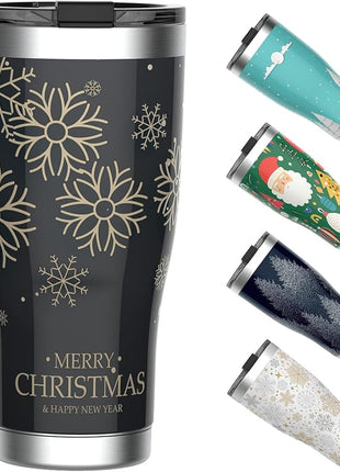 HAUSHOF 20oz Christmas Tumbler, Stainless Steel and Double Wall Insulated Travel Coffee Mug with Lid, Good Choice for Christsmas Gifts-Black with Snowflakes