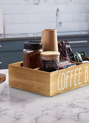 ALELION ALEION Brown Coffee Station Organizer - Wood Coffee Bar Accessories Organizer with Removable Dividers for Pods Condiment Syrup Tea Cups Stirrers - for Farmhouse Coutertop Decor