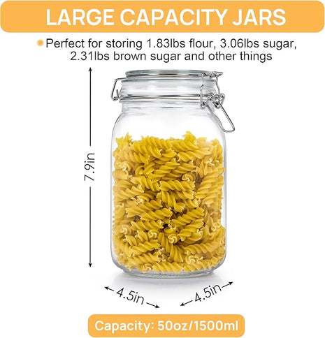 CHEFSTORY 50oz Airtight Glass Jars with Lids, 3 PCS Food Storage Canister for Kitchen & Pantry Organization, Square Mason Jar Containers for Storing Sugar, Flour, Cereal,Coffee,Cookies