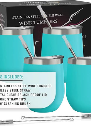 CHILLOUT LIFE 12 oz Stainless Steel Wine Tumblers 4 Pack - Double Wall Vacuum Insulated Wine Glasses Cups with Lids and Straws Set Keeping Cold & Hot for Coffee, Beer, Ice Cream - Powder Coated Blue