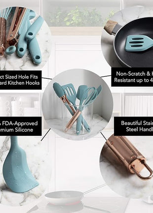 COOK WITH COLOR Silicone Cooking Utensils, Kitchen Utensil Set, Easy to Clean Silicone Kitchen Utensils, Cooking Utensils for Nonstick Cookware, Kitchen Gadgets Set, Mini, Aqua