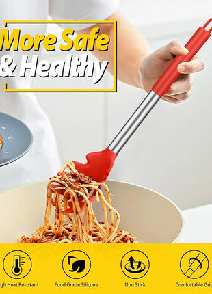 Silicone Pasta Fork and Ladle Spoon Set, Large Non Stick Kitchen Utensils for Cooking,Stirring,Serving Spaghetti, Soup, Sauce (RED)