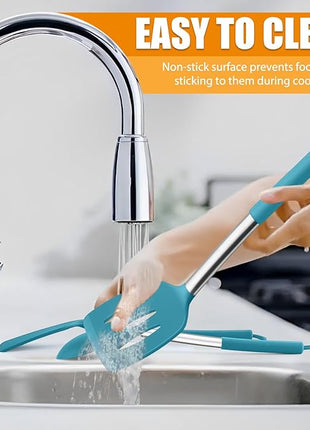 Silicone Spatula Set of 2, E-far Solid & Slotted Turner for Nonstick Cookware, Heat Resistant Rubber Kitchen Cooking Utensils for Flipping Fish Pancake Egg - Teal Blue