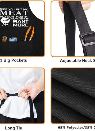 Funny Grilling Apron for Men, Adjustable Black BBQ Cooking Apron with Three Large Pockets, Chef Kitchen Apron for Barbecue and Outdoor Use, Gift for Dad, Husband, Boyfriend