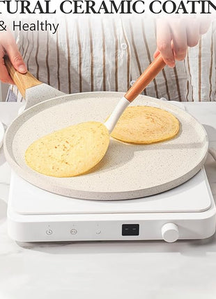 SENSARTE Nonstick Crepe Pan with Spreader, 10-Inch Natural Ceramic Coating Dosa Pan Pancake Flat Skillet Tawa Griddle with Stay-Cool Handle, Induction Compatible (White)