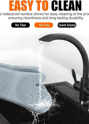 Silicone Oven Mitts, Heat Resistant 2PCS Oven Mitts with Soft Cotton Lining, Waterproof Non-Slip Grip Oven Glove, Kitchen Potholder Mits for BBQ, Baking, Cooking, 12.5 Inch - Grey