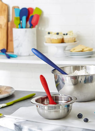 RSVP International Ela Series Mini Spatula Set for Cooking & Baking Silicone Rubber Scraper, Great Tool for Kids, Spoon, Spatula & Brush, 4 Piece Set, Assorted Colors, 4 Count