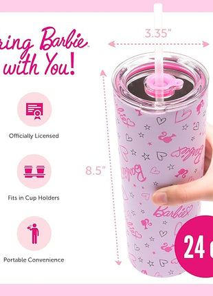 Dragon Glassware x Barbie Vacuum Insulated Tumbler with Lid and Straw - 24 oz Tumbler Cup with 2 Straws - Stainless Steel Tumbler with Straw for Water, Iced Tea - Travel Coffee Tumbler - Love Out Loud