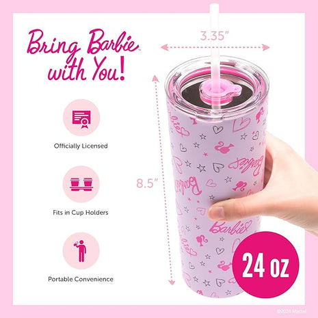 Dragon Glassware x Barbie Vacuum Insulated Tumbler with Lid and Straw - 24 oz Tumbler Cup with 2 Straws - Stainless Steel Tumbler with Straw for Water, Iced Tea - Travel Coffee Tumbler - Love Out Loud