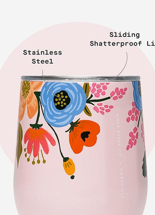 Corkcicle Stemless Insulated Wine Glass Tumbler - Keeps Beverages Cold 6 Hrs Hot 3 Hrs - Stainless Steel - Easy-Grip - Gift for Mom - Great for Mother's Day or Christmas - 12 oz - Blush Lively Floral