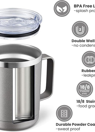 MEWAY 12oz Coffee Mug With Handle 8 Pack Bulk,Stainless Steel Insulated Travel Tumblers With Sliding Lid,Double Wall Vacuum Camping Cup for Hot & Cold Drinks Tea (Cold Grey,Set of 8)