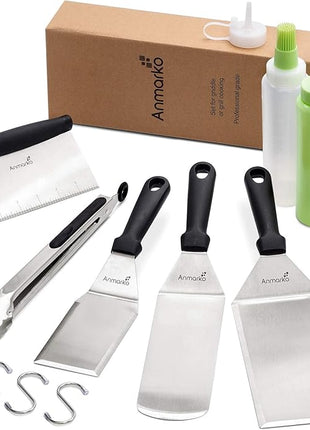 Metal Spatula and Scraper Set - Griddle Accessories kit - Grill Tongs Flat Spatula Pancake Flipper Hamburger Turner Squeeze Bottles Set - Metal Utensil Great for BBQ Grill Flat Top Cast Iron