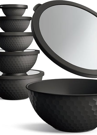 COOK WITH COLOR Mixing Bowls with Lids - 12 Piece Plastic Nesting Bowls Set includes 6 Prep Bowls and 6 Lids, Non Slip Bottom and Embossed Design - Microwave Safe (Black)