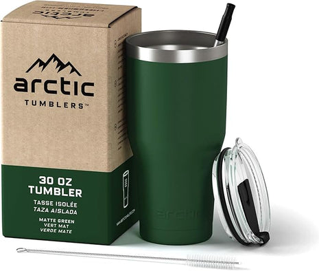 Arctic Tumblers | 30 oz Green Insulated Tumbler with Straw & Cleaner - Retains Temperature up to 24hrs - Non-Spill Splash Proof Lid, Double Wall Vacuum Technology, BPA Free & Built to Last