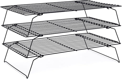 Cooling Rack for Baking 3 Tiers, 16" x 10" Cookie Cooling Wire Rack Stackable Collapsible Nonstick, Stainless Steel Baking Cooking Cooling Racks with Optimum Air Flow, Black