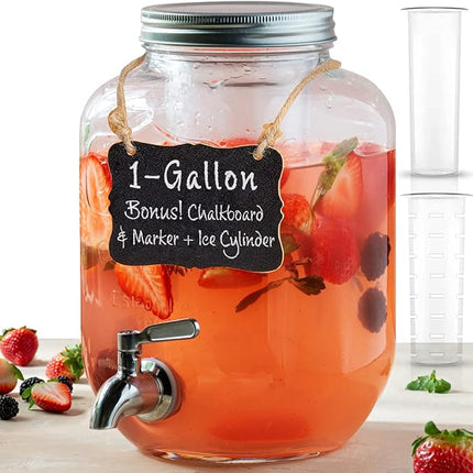 1 Gallon Glass Water Dispenser with Stainless Steel Spigot + Marker & Chalkboard, & Ice Cylinder - 100% Leakproof Beverage Dispenser Mason Jar Drink Dispenser Gallon Jug - Laundry Detergent Holder.