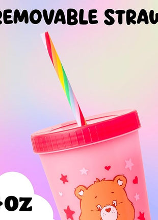 Silver Buffalo Care Bears Hearts and Stars 4 Pack Plastic Color Changing Tumblers with Rainbow Swirl Straws Featuring Tenderheart, Funshine, Cheer, and Grumpy Bear 24 Ounces