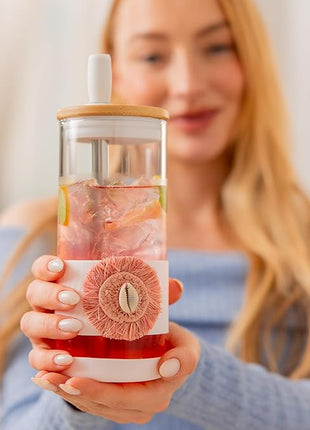 Pandaloo® Glass Cups With Lids and Straws -20 Fl Oz- Perfect Size Iced Coffee Cup - Smoothie Cup With Bamboo Lid and On the go Lid (Ethnic chic-Pink Powder, 1 Count (Pack of 1))